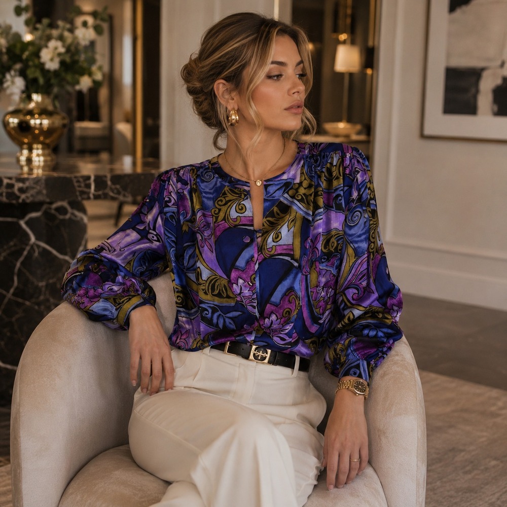 Dahan Silk Blouse Womens 12 Purple Abstract Floral Vintage 80s Artwear Chic